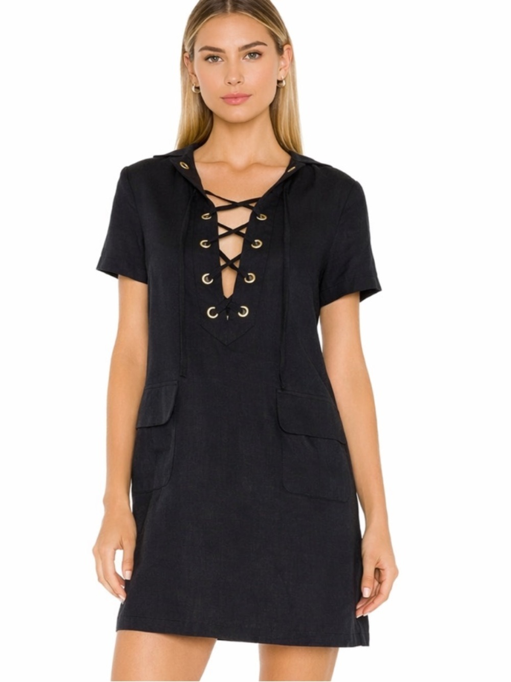 NWT Cremieux Linen Eliza Black Lace Up Dress Black Size XS